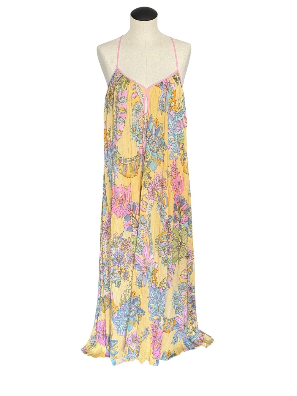 Zara Yellow Pastel Floral Maxi Slip Dress Pink Straps 3193/123/300 NWT Size M